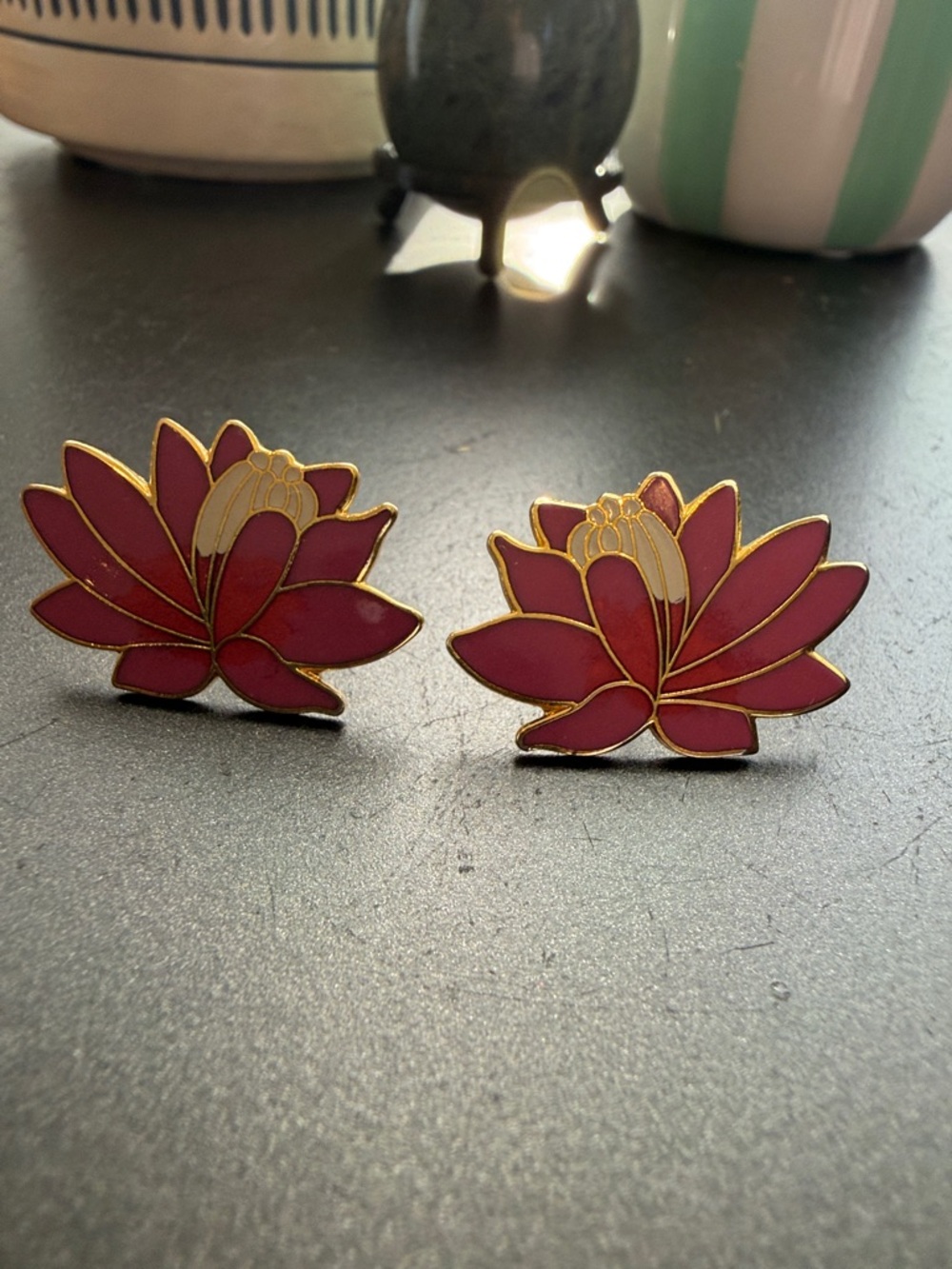 Laurel Burch “Pond Lily”Enamel Stud Earrings, collectors piece.